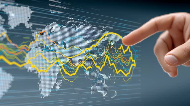 Financial data analysis with hand pointing digital world map featuring colorful line graphs and fluctuating yellow financial graphs showing market trends and global data trends modern technology - Powered by Adobe