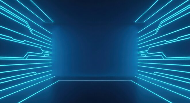 Blue futuristic room with neon lines and geometric patterns on side walls