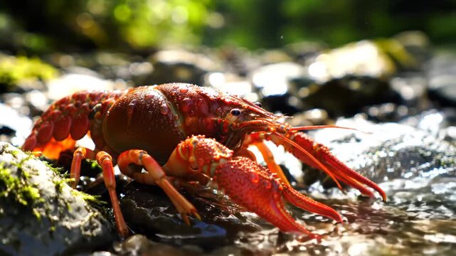 Vivid crawfish wades through rocky stream bed