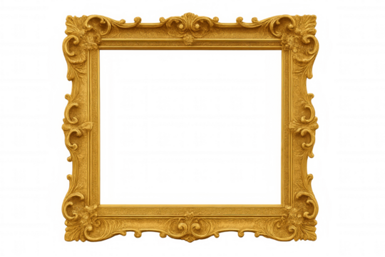 Ornate gold picture frame with baroque rococo style detailing, creating an antique vintage design on transparent background