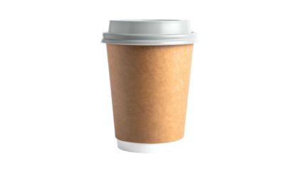 A solitary, to-go paper coffee cup with a grey lid, against a stark black background