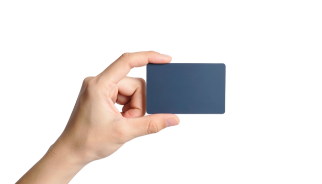 Human hand holding a dark, rectangular card against a stark black background