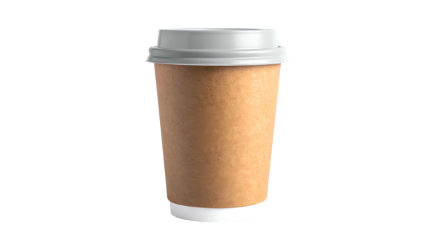 A solitary, to-go paper coffee cup with a grey lid, against a stark black background