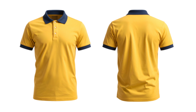Two views, front and back, of a yellow polo shirt with navy collar and cuffs on black