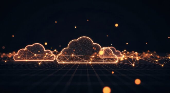 Abstract, interconnected, glowing cloud icons floating above a grid surface