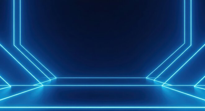 Abstract neon blue lines forming geometric shapes in a dark, futuristic space - Powered by Adobe