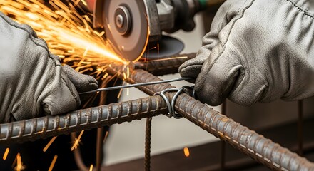 Worker grinding metal rebar with sparks flying creating industrial construction detail