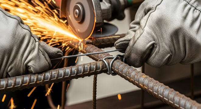 Worker grinding metal rebar with sparks flying creating industrial construction detail