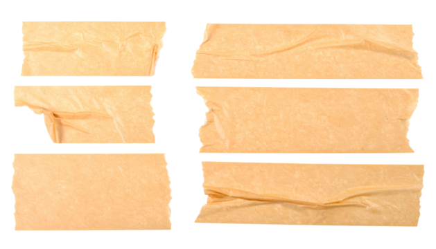 Several ripped pieces of brown adhesive tape on a black background
