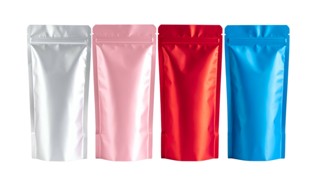 Four shiny, vertical pouches, each a different color, on a black background, zipper closed