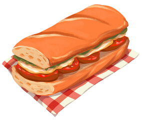 Delicious Long Sandwich With Sliced Tomatoes And Cheese Resting On A Red And White Checkered Napkin In A Transparent Background.