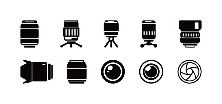 Professional Camera Lens and Shutter Aperture Icons Set in Solid Black Silhouette Style Featuring Tripod Mounts, Lens Hoods, and Photography Equipment for Media and Technology