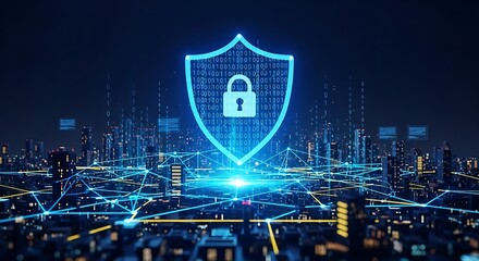 Cyber Security Shield Over Cityscape: Digital Protection, Data Privacy, Network Security, Information Technology, and Secure Communication Infrastructure