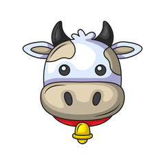 Cute Cartoon Cow Face With Black Horns and Red Collar Wearing A Golden Bell Isolated On White Background Detailed Pixel Art Style