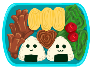 Cute Blue Kawaii Bento Box With Smiley Face Rice Balls And Delicious Food Assortment For Mealtime Adventures