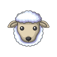 Cute Cartoon Sheep Head with Fluffy White Woolly Fleece and Tan Face Facing Forward with Big Round Eyes Against Transparent Background Simple Vector Art Illustration