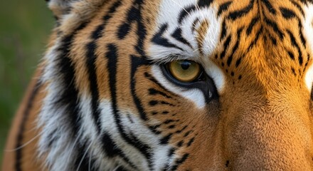 Close-up of tiger's face, intense gaze with yellow eyes, black and white stripes