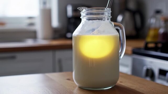Delicious homemade golden milk in glass pitcher on wooden kitchen counter