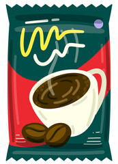Dark Green Packaged Instant Coffee With A White Mug And Coffee Beans On A Transparent Background