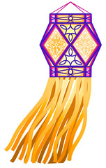 Decorative Handmade Lantern With Yellow White Diamond Pattern Purple Border And Orange Tassels Hanging With Transparent Background