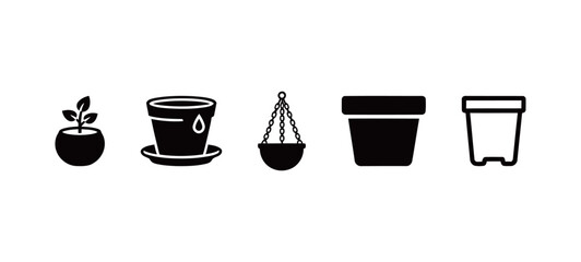 Black Icons Set of Plant Pots and Gardening Planters, Vector Symbols for Horticulture and Home Decor