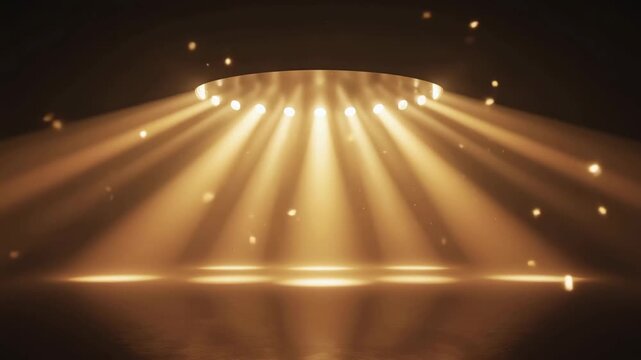 Golden Stage Spotlight With Dramatic Beams and Particles Empty Podium Background for Showcase