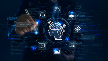 Man touching virtual screen with AI, machine learning icons. Chatbot, NLP, data automation technology for business. Digital brain concept futuristic development and artificial intelligence solutions.