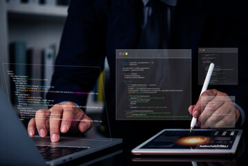 Software developer programming python code for AI. Web development with HTML and cybersecurity for data protection. Programmer working on futuristic virtual interface with multiple computer screens.