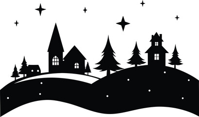 Christmas Winter Town Silhouette at Dusk, Silhouette of a Festive Winter Village at Sunset