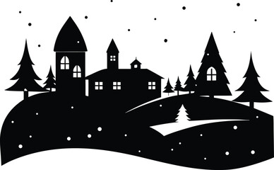 Christmas Winter Town Silhouette at Dusk, Silhouette of a Festive Winter Village at Sunset