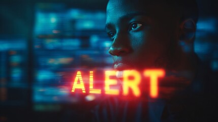 A focused Black male with a serious expression gazes at an illuminated alert display, emphasizing a high-stakes situation.