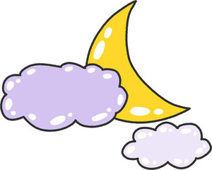 Yellow Crescent Moon with Purple Clouds – Dreamy Night Sky Illustration for Halloween or Bedtime Theme Design