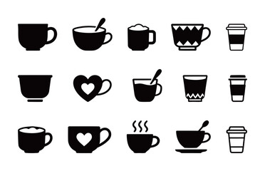 Coffee and tea cups, mug icons set in black solid and outline style, hot beverage symbols