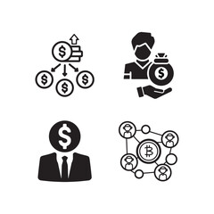 Set of four black and white icons representing financial concepts and business growth