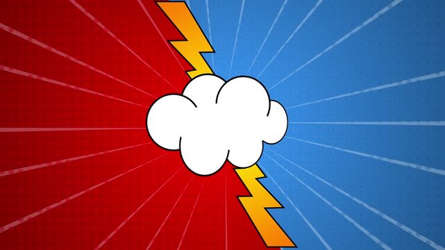 Pop art style split screen background with red and blue sides, halftone pattern, sunburst rays, and a comic cloud with lightning bolt for comparison