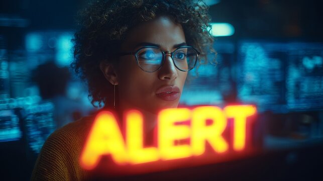 Focused young Black woman in glasses near a glowing 'ALERT' sign, analyzing data on multiple screens in a tech environment.