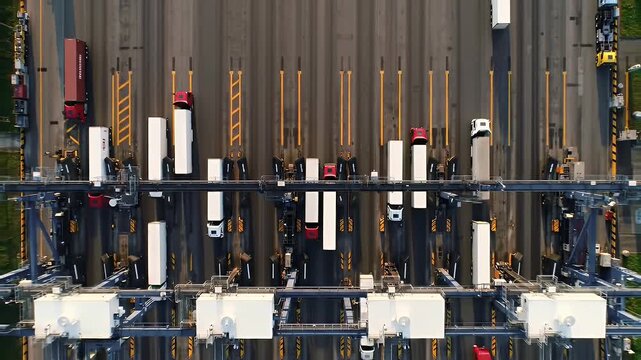Aerial Shot of Trucks Waiting at Automated Gate at Toll Plaza on Gray Asphalt Road Under Bright Sunlight