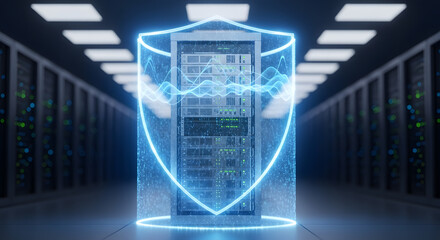 Server room with powerful digital shield protecting data center rack, symbolizing cybersecurity and secure cloud computing
