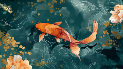 koi fish decorate in water color texture