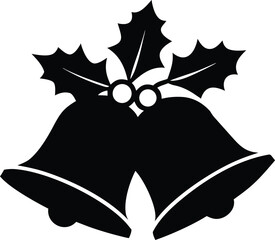 Christmas Bells with Holly Black Silhouette Vector Illustration.