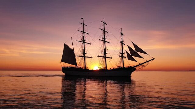 Majestic Tall Ship Silhouetted Against a Breathtaking and Colorful Ocean Sunset