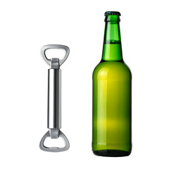 Metal bottle opener rests next to a green glass beverage bottle on black.