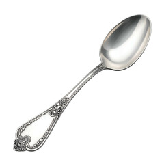 Ornate silver spoon with detailed decorative handle on black.