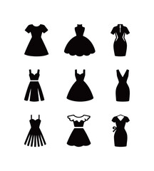 Women's dresses icons set in black solid silhouette style, fashion and apparel symbols