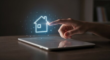 Smart Home Connection: A hand interacts with a digital house icon, suggesting innovative technology and smart home control capabilities.