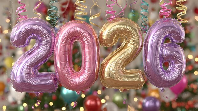Colorful 3D “2026” numbers made of balloons floating against a glowing festive background with ribbons and sparkles