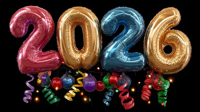 Colorful 3D balloon-style “2026” with ribbons, streamers, and festive lights on a vibrant gradient background