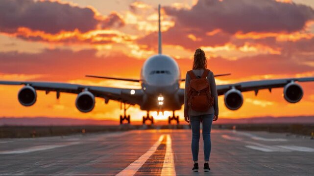 Journey's Beginning: A solo traveler stands at the threshold of a new adventure, gazing toward an airplane as the sun sets, casting an inviting, golden glow in the sky. 