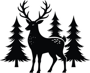 Deer with christmas tree vector silhouette illustration. Majestic Deer with Christmas Tree Silhouette Vector Illustration. 