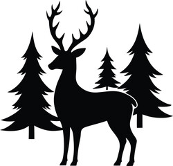 Deer with christmas tree vector silhouette illustration. Majestic Deer with Christmas Tree Silhouette Vector Illustration. 